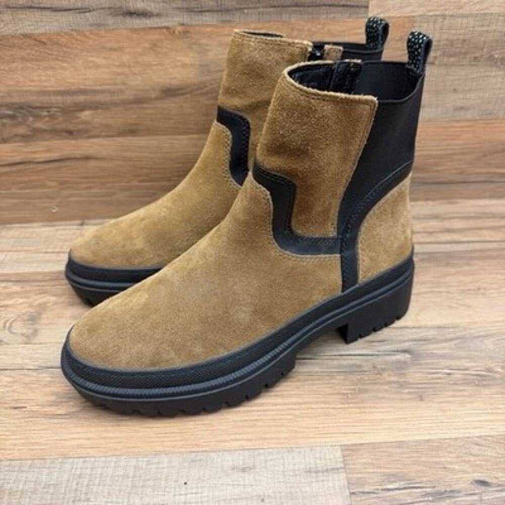 Lucky Brand Suede Chelsea Ankle Boots Women’s 8 Brown Lug Sole Zip Booties